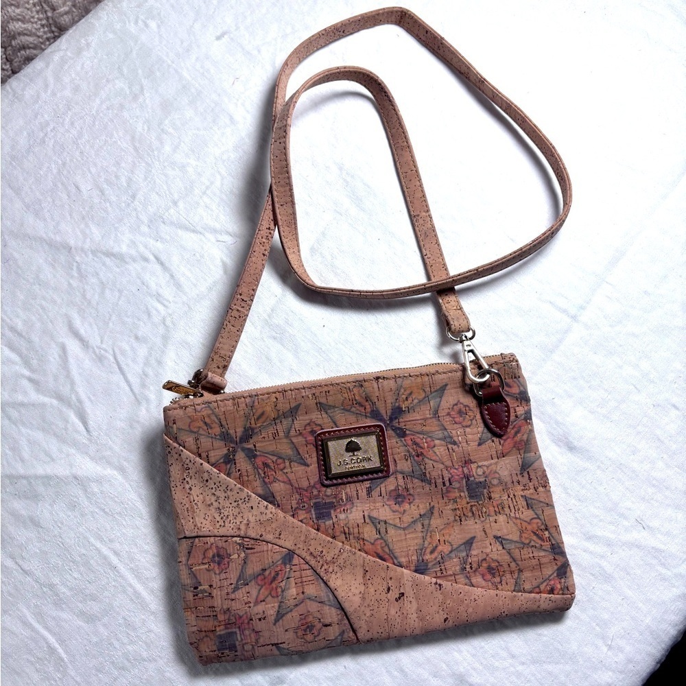 JS Cork Portugal Natural Cork Floral Accented Zip Up Shoulder Bag/Purse